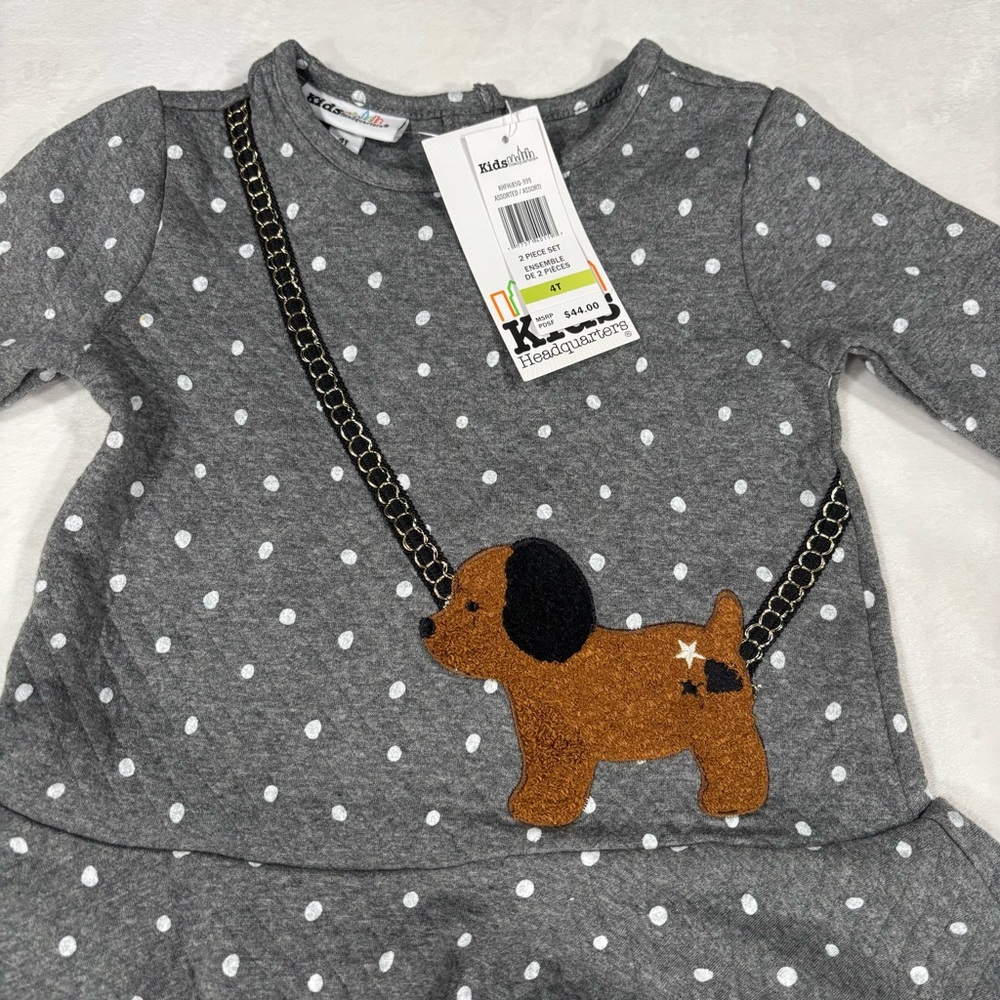 Girls Kids Headquarters Gray and White Polka Dot matching Set with dog accent - Picture 5 of 6